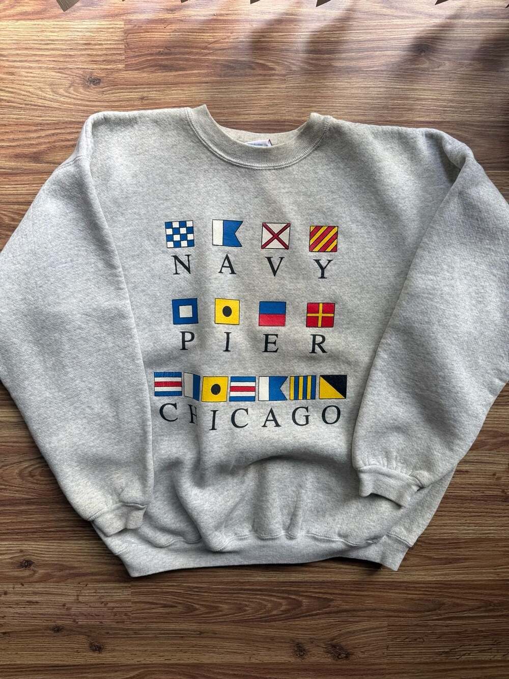 Vintage 90s Hanes Heavyweight Navy Pier Chicago Nautical Flag Crewneck Sweatshir